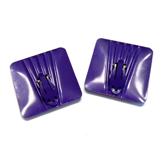 Vintage 1970’s Clip On Earrings Purple Enamel Squares Large Embossed Statement - Picture 4 of 7